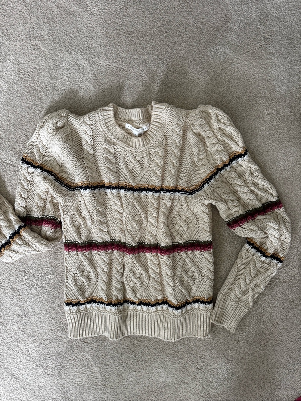 Veronica Beard Cream Cable-Knit Sweater with Burgundy, Navy, Olive Stripes